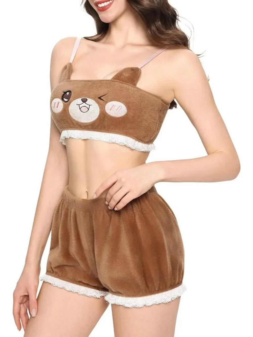 Cozy Kawaii Fluffy Pajama Set for Women - Cute Tank Top & Shorts Sleepwear